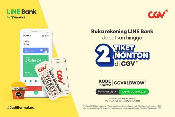 Promo CGV x Line Bank, Free 2 Tiket Nonton Setiap Buka Rekening April-Juni 2024