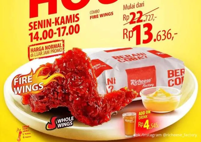 Promo Richeese Factory Happy Hour Senin-Kamis, Combo Fire Wings Mulai Rp 13.000-an