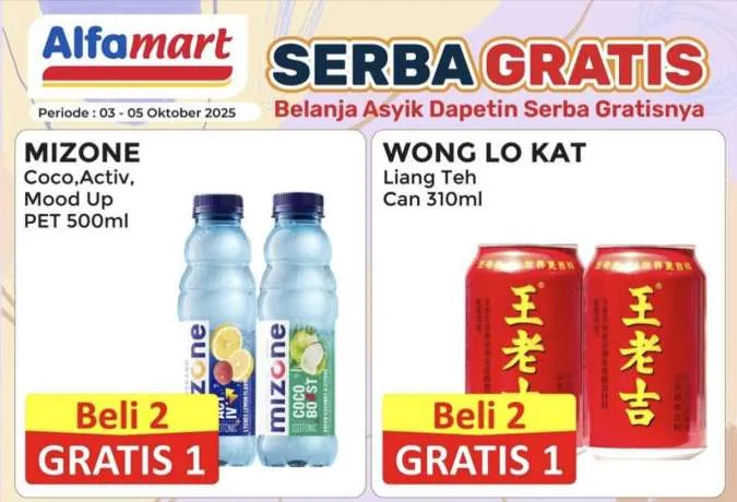 Promo Alfamart Serba Gratis 3-5 Oktober 2025, Beli 2 Gratis 1 Mizone-Liang Teh