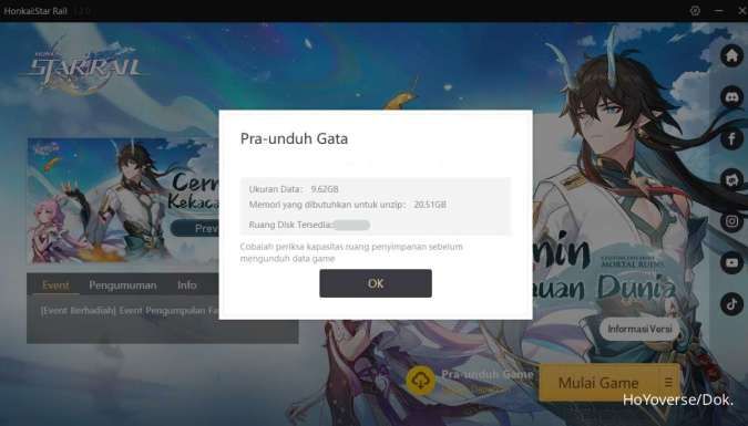 Ukuran download Pra-Unduh Honkai: Star Rail 1.3
