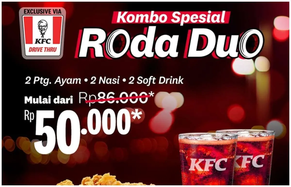 Promo KFC Kombo Spesial Roda Duo, Double Ayam + Nasi + Soft Drink Hanya Rp 50.000