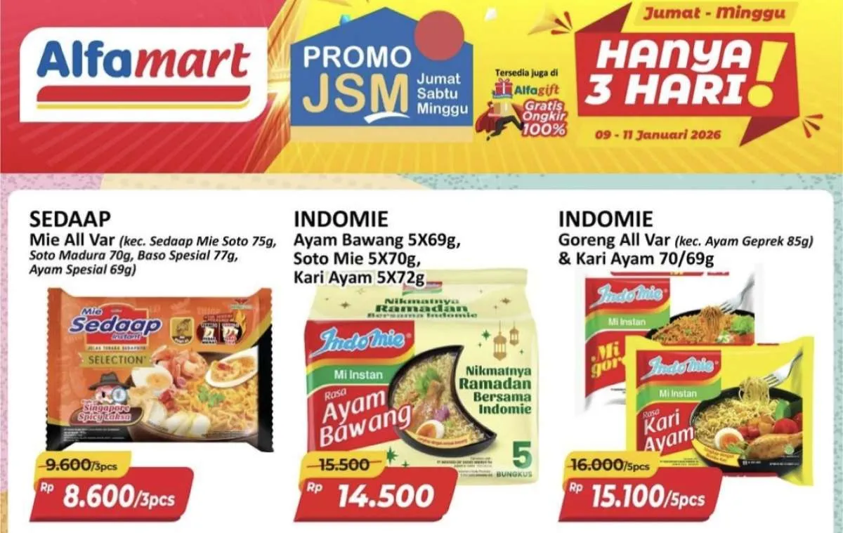 Promo JSM Alfamart Periode 9-11 Januari 2026, Mie Sedaap Beli 3 Murah!