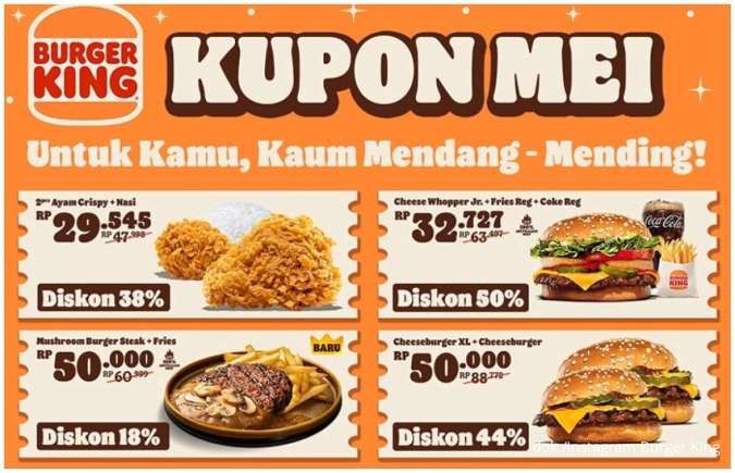 Kumpulan Promo Burger King Kupon Mei, Ragam Menu Favorit Hemat Diskon sampai 58%
