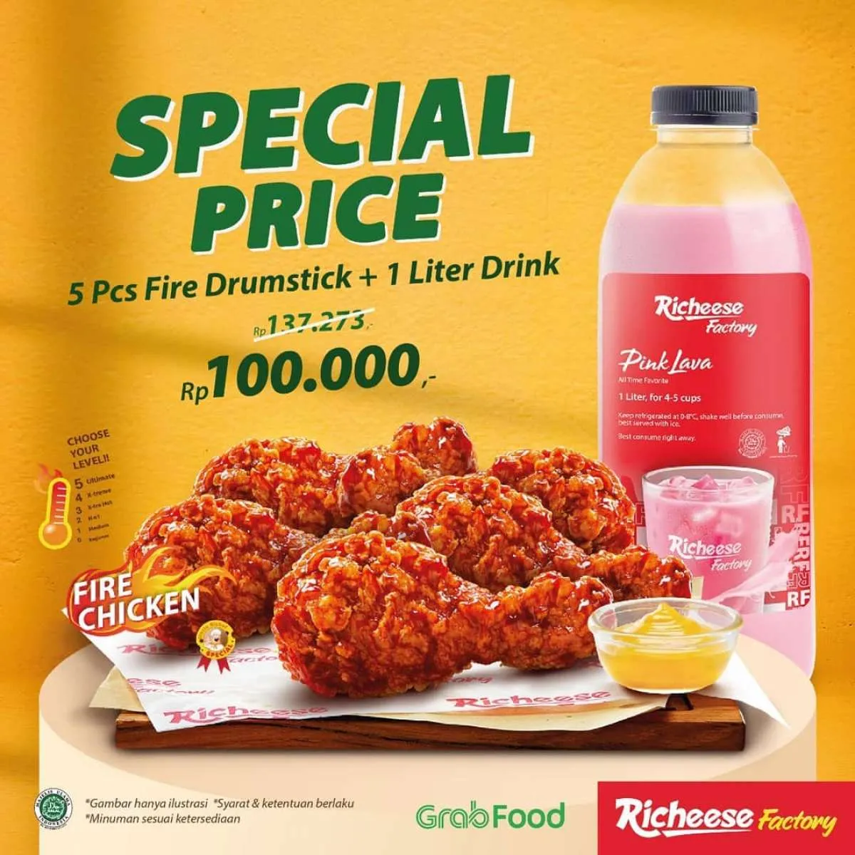 Promo Richeese Factory 10-14 Maret 2021, paket 5 fire drumstick dan 1 liter minuman