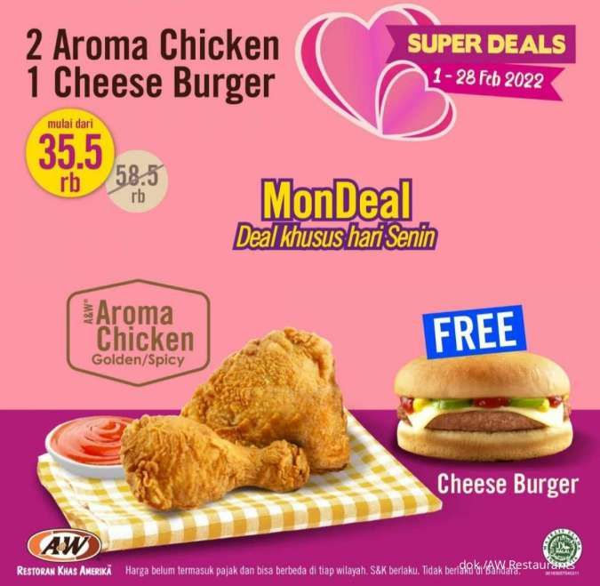 Promo A&W MonDeal 14 Februari 2022, Beli 2 Ayam Gratis 1 Burger Cuma Rp 35.500