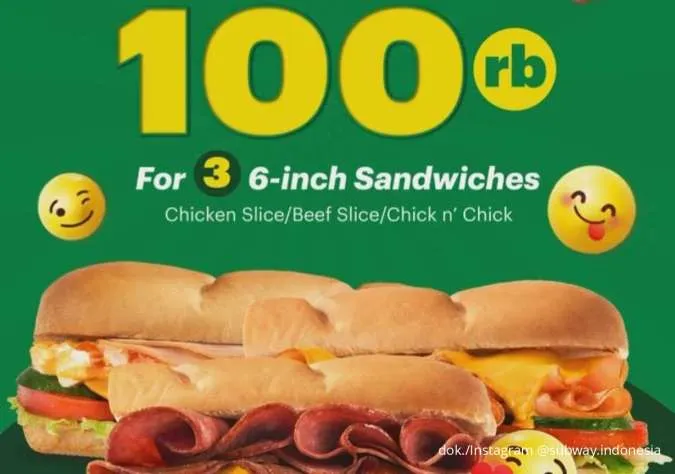 Khusus Kamis! Promo Subway Emoji Deals, 3 Sandwich 6-inch Cuma Rp 100.000