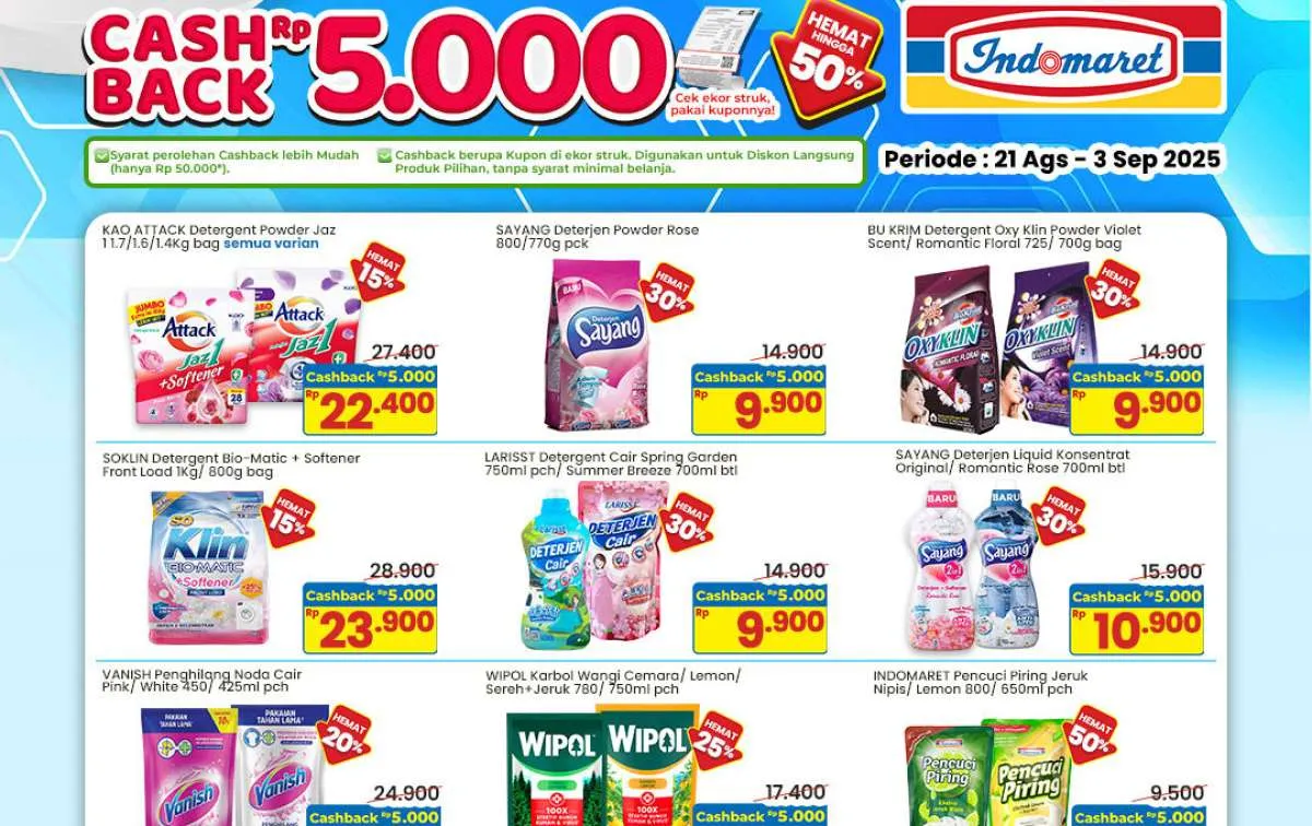 Promo Indomaret Cashback Rp 5.000 Bulan Agustus, Deterjen Lebih Hemat