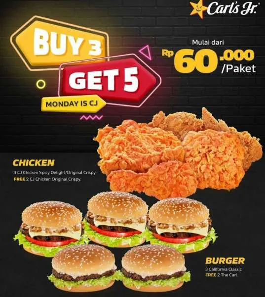 Promo Carls Jr Buy 3 Get 5 khusus Senin