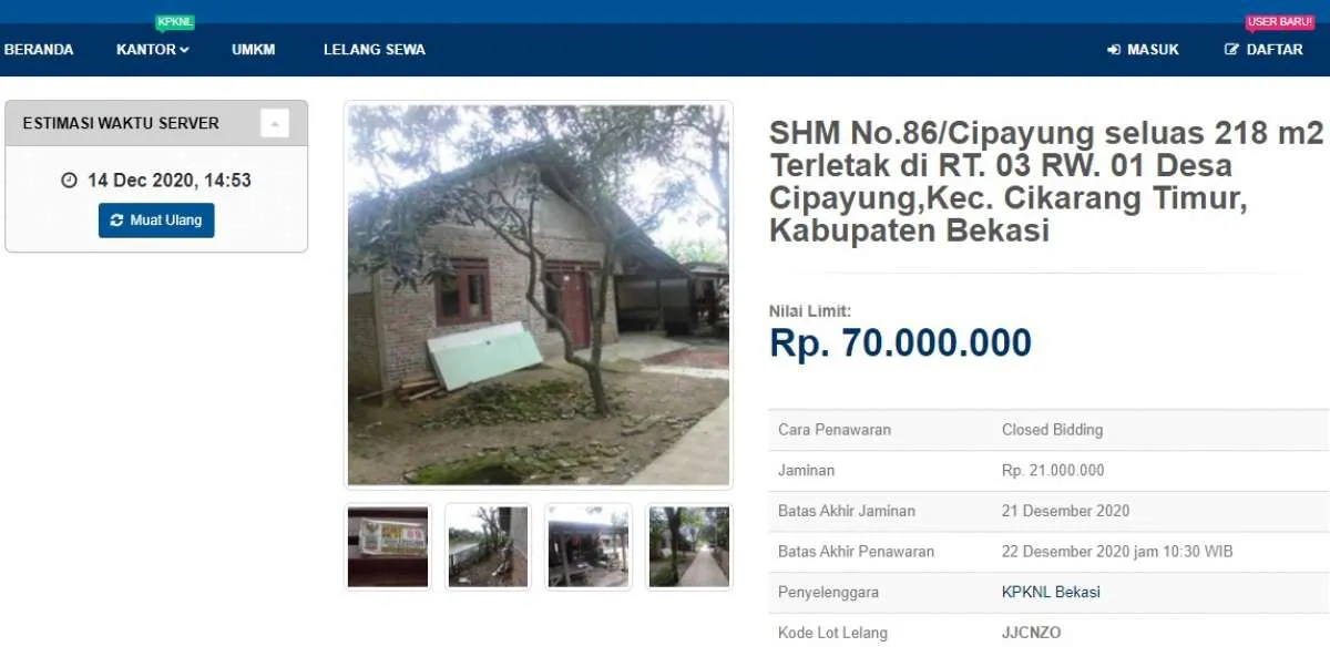 Lelang rumah di Bekasi sitaan Bank Mandiri harga Rp 70 juta ditutup hari ini