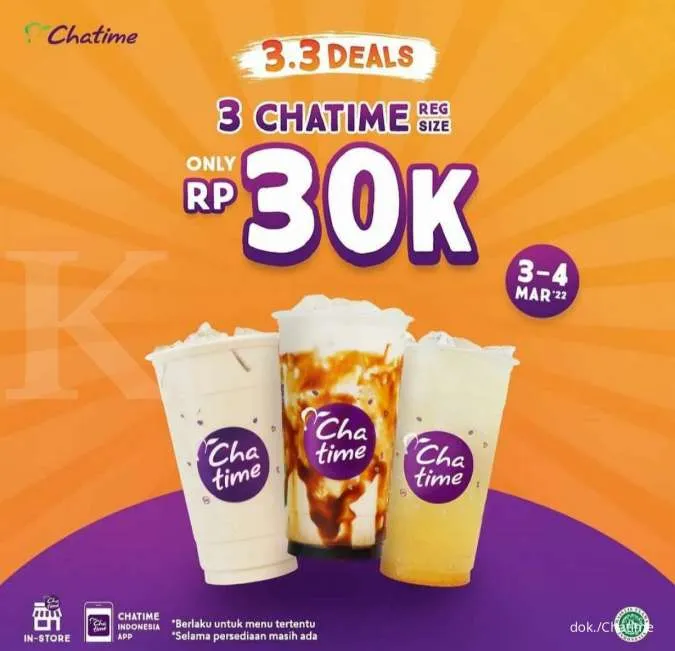 Promo 3.3 Chatime: Beli 3 Chatime ukuran Regular Rp 30.000