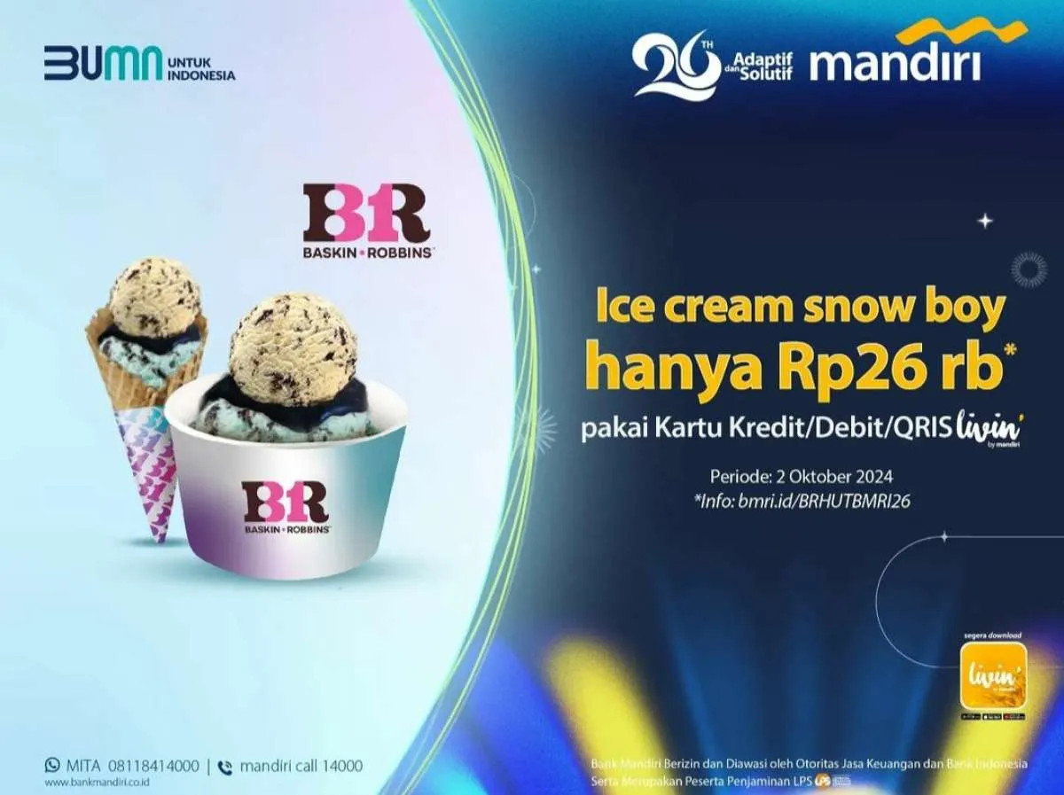 Promo HUT Mandiri 2 Oktober 2024, Serba Rp 26.000 di Baskin Robbins sampai Sociolla