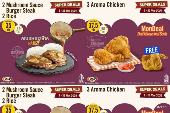 Promo AW Restoran 1-31 Maret 2023, Super Deals 3 Ayam atau Steak Cuma Rp 35.000