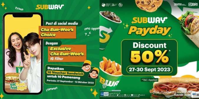 Promo Subway Payday 27-30 September 2023, Diskon 50% Pakai Kartu BRI