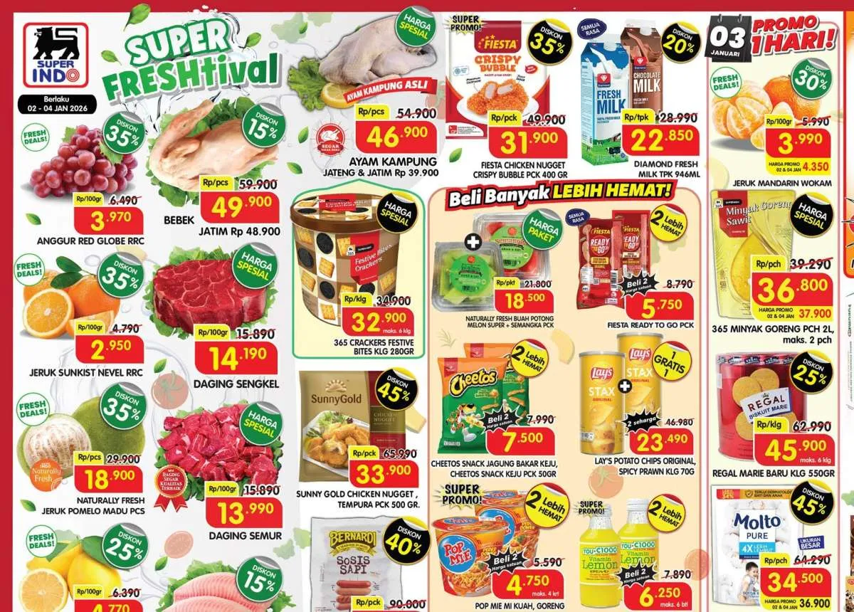 Promo JSM Superindo 2-4 Januari 2026, Chicken Nugget & Molto Diskon 45%