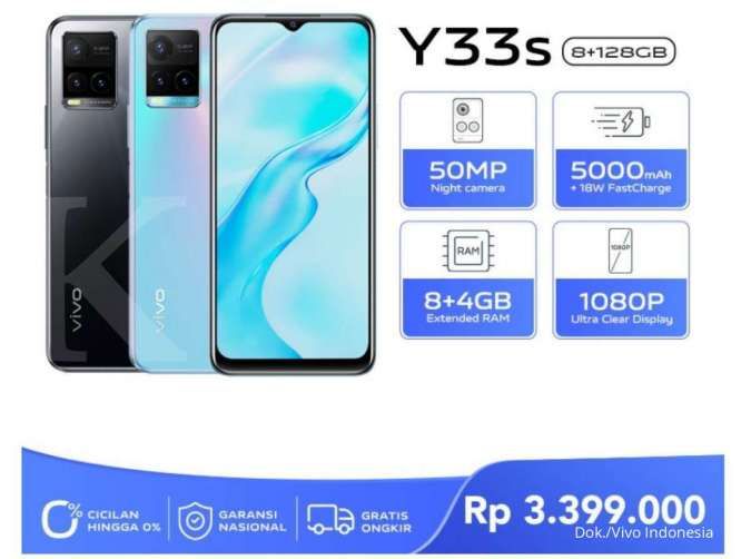 Harga HP Vivo Y33s dibanderol Rp 3,3 jutaan, dilengkapi RAM 8GB dan kamera 50MP