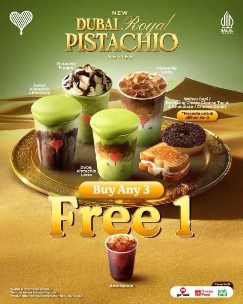 Promo Kopi Kenangan Dubai Royal Pistachio Series Buy 3 Free 1