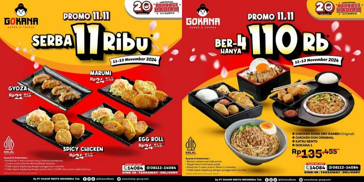 Promo 11.11 Gokana 11-13 November 2024, Pesan Menu Tertentu Bayar Cuma Rp 11.000