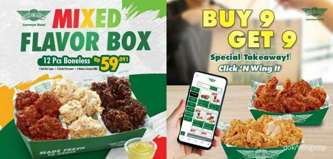 Promo Wingstop 5-30 April 2024, Buy 9 Get 9 Free dan 12 pcs Wings Rp 59.091