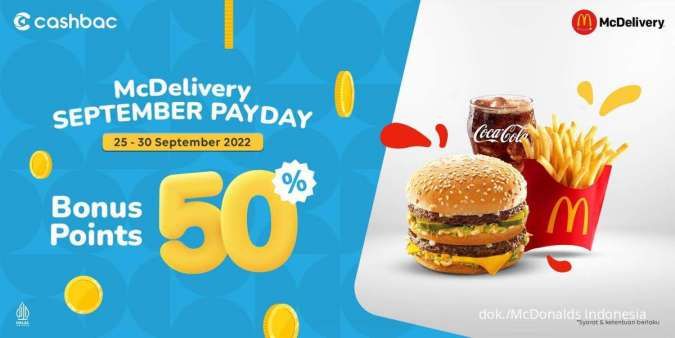 Promo McD 25-30 Sept 2022, Transaksi di McDelivery Dapat Cashback 50% di Cashbac App