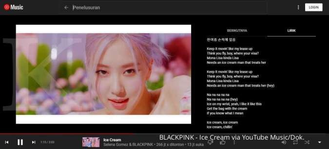 Lirik lagu Ice Cream - Blackpink via YouTube Music
