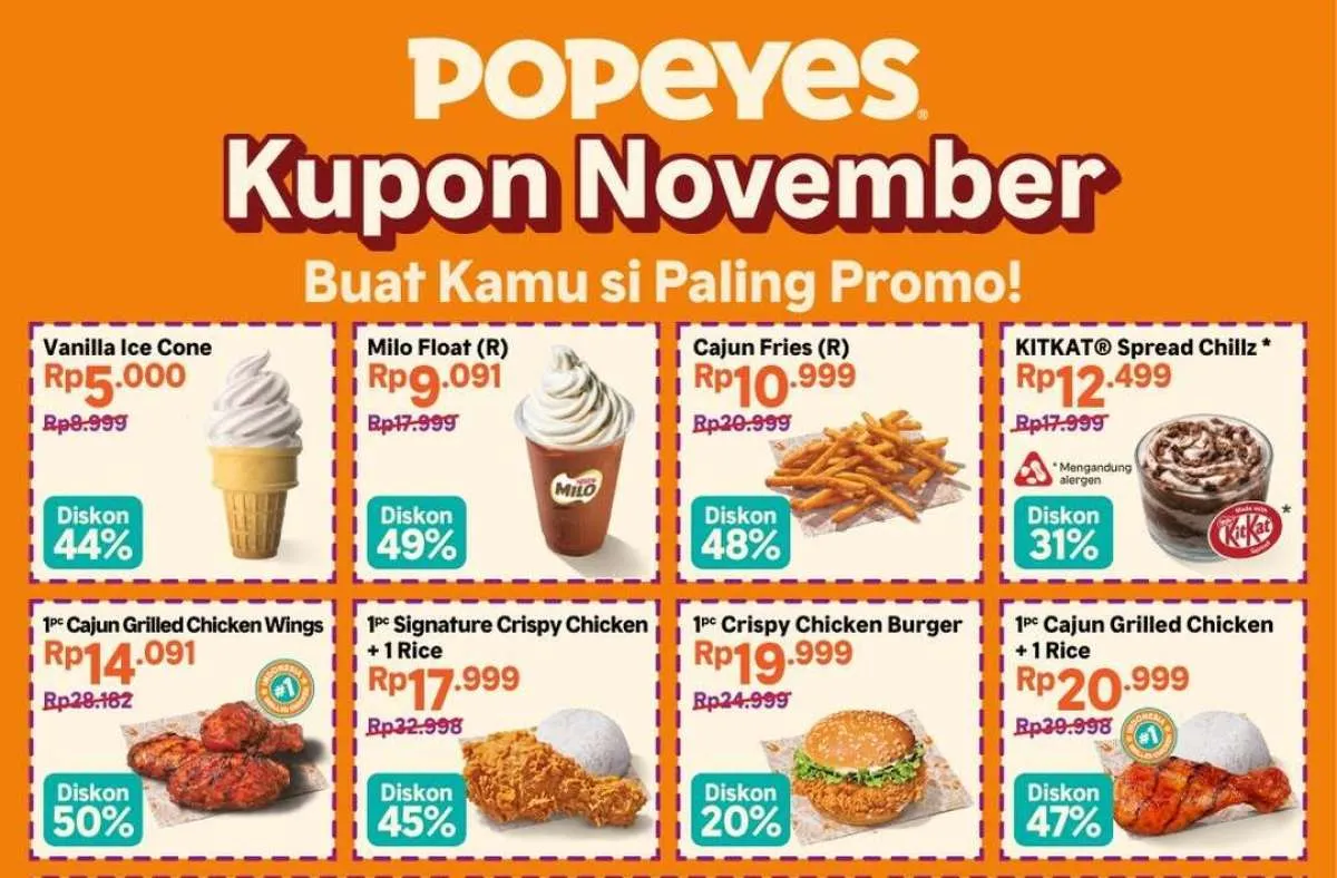 Promo Popeyes Kupon November 2025: Pilihan Menu Banyak, Diskon Gede sampai 52%