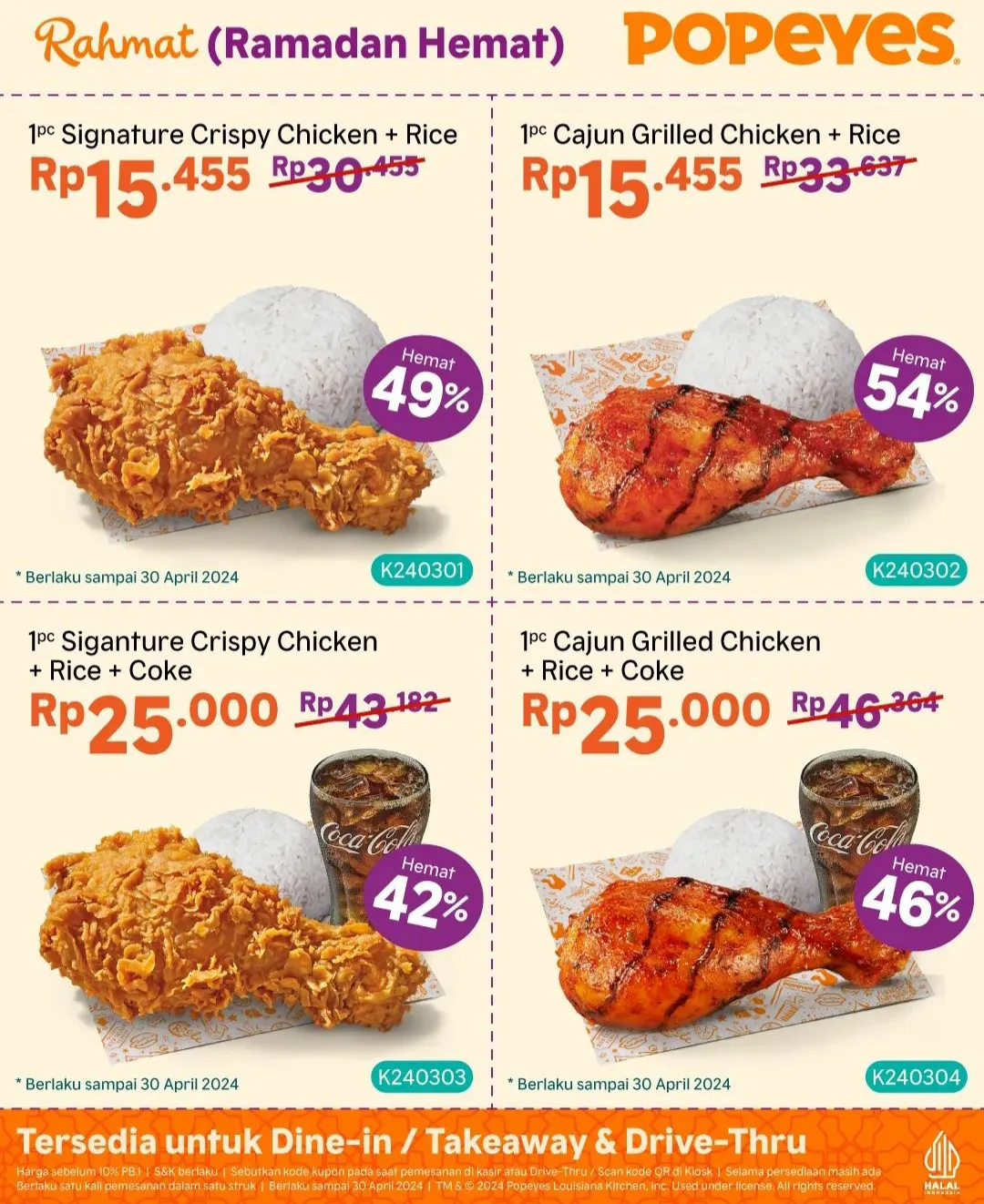 Promo Popeyes Indonesia kupon voucher Ramadan Hemat diskon 58% mulai Rp 15.455