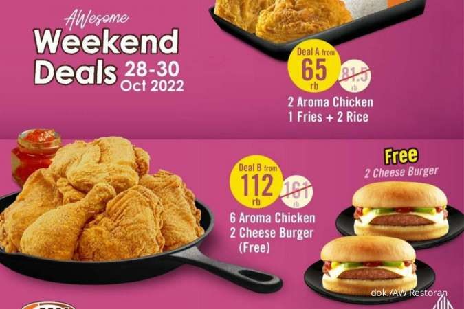 Promo AW Restoran 28-30 Oktober 2022, Weekend Deals 6 Ayam Gratis 2 Cheese Burger