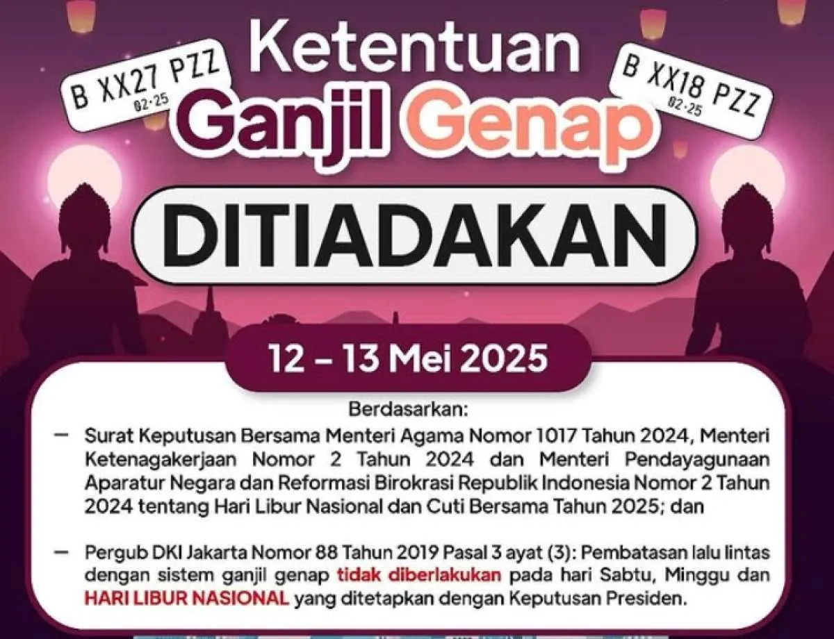 Ganjil Genap Jakarta Tak Berlaku 12 dan 13 Mei 2025, Ada Apa? 
