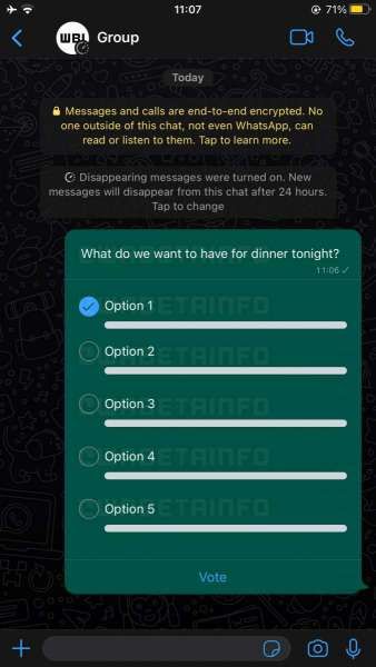 Tampilan fitur Group Polls di WhatsApp, terlihat mirip di Story Instagram