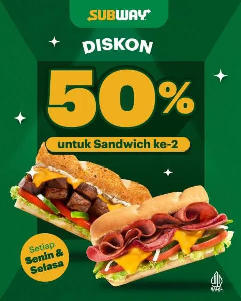 Promo Subway Tiap Senin-Selasa Diskon 50%