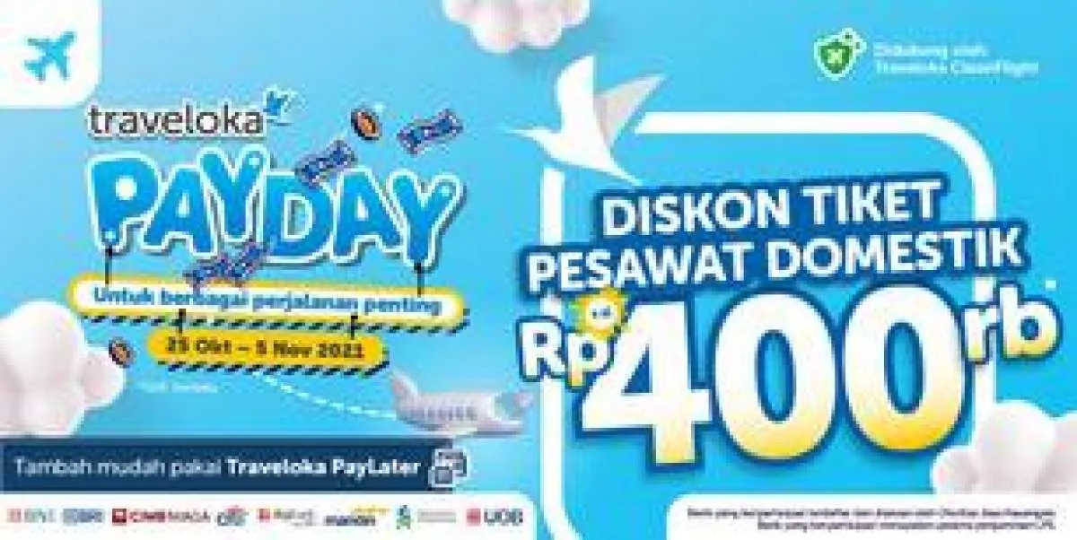 Promo Traveloka Payday, Diskon Tiket Pesawat Domestik Rp400.000 s.d 5 November 2021