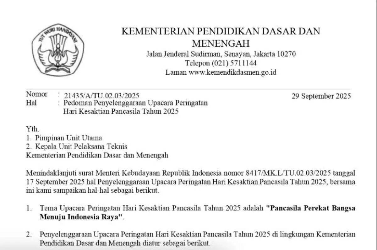 Pedoman Upacara Hari Kesaktian Pancasila 2025, Ada Tema dan Tata Cara Pelaksanaan