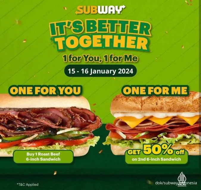 promo subway Januari 2024: diskon 50% untuk pembelian menu kedua