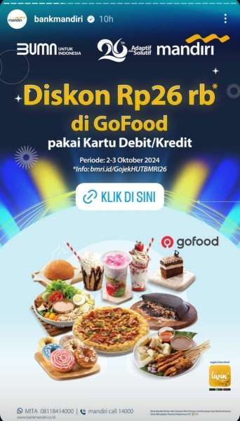 Promo HUT Mandiri 26 di Gofood 2-3 Oktober 2024