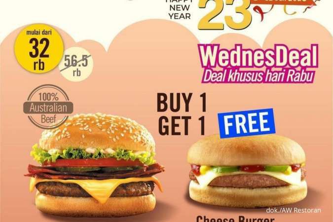 Promo AW Restoran Hari Ini 11 Januari 2023, Paket WednesDeal Beli 1 Gratis 1 Burger