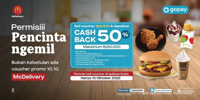 Promo 10.10 McD, Beli Voucher Gopay Rp 9.900 Dapat Cashback 50% Semua Menu McD