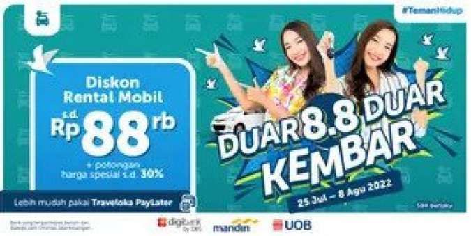 Promo Traveloka 8.8 s.d 8 Agt 2022, Nikmati Diskon Rental Mobil hingga Rp 88.000