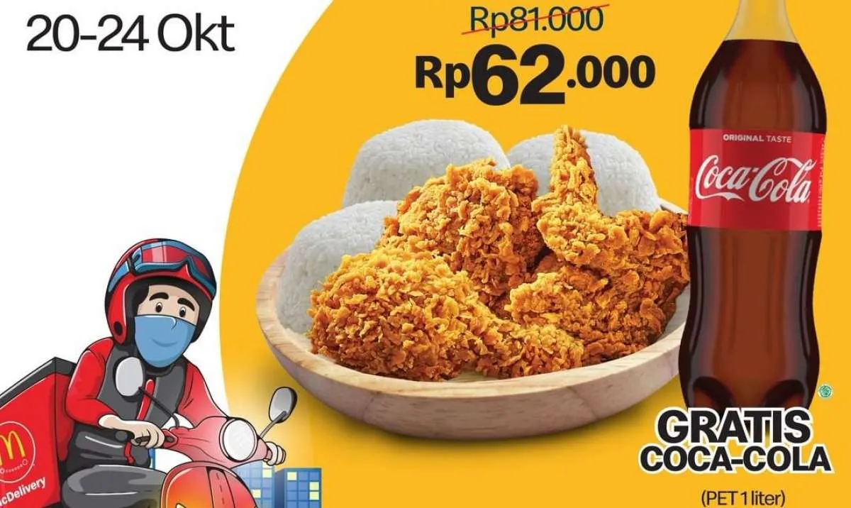 Promo McD 20-24 Oktober 2021, beli paket 3 ayam dan 3 nasi gratis Coca Cola