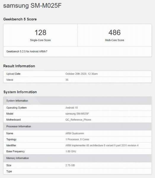 Bocoran spesifikasi Samsung Galaxy M02 di situs Geekbench