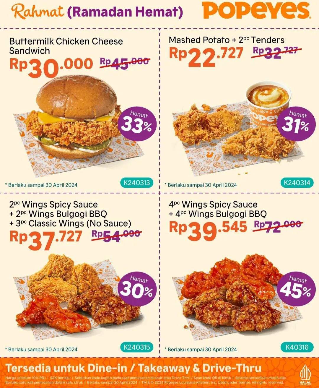 Promo Popeyes Indonesia kupon voucher Ramadan Hemat diskon 58% mulai Rp 15.455