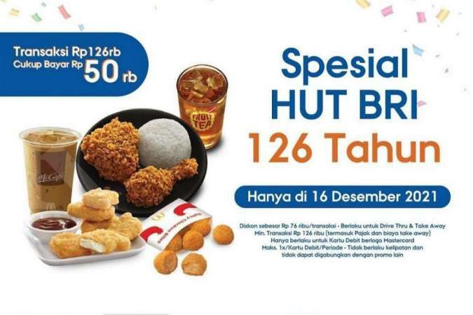 Promo (16/12) HUT BRI ke-126! Semua Menu McD Transaksi Rp 126.000 Bayar Rp 50.000 Aja