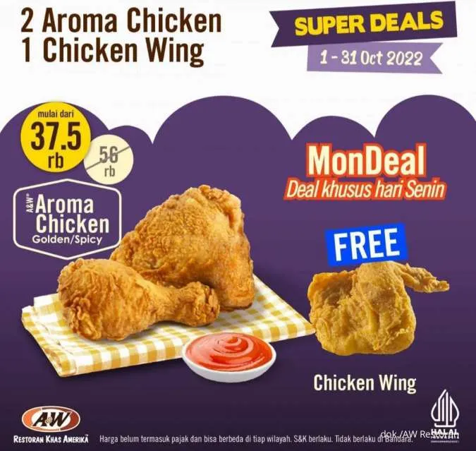 Promo AW Restoran Paket MonDeal Beli 2 Aroma Chicken Gratis 1 Chicken Wing