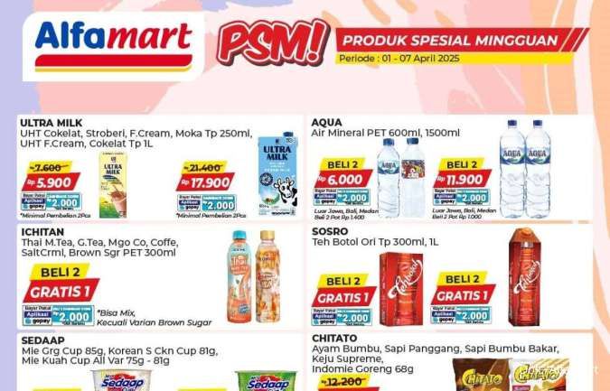 Promo PSM Alfamart Periode 1-7 April 2025, Teh Botol Sosro 1 Liter Beli 2 Gratis 1