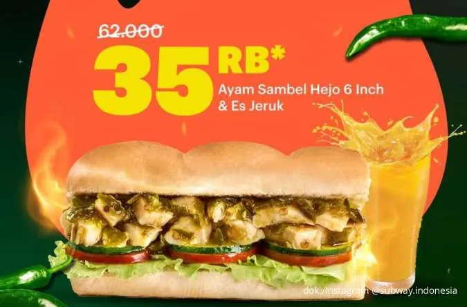 Kumpulan Promo Subway Tiap Senin & Selasa, Sandwich 6-inch + Es Jeruk Cuma Rp 35.000