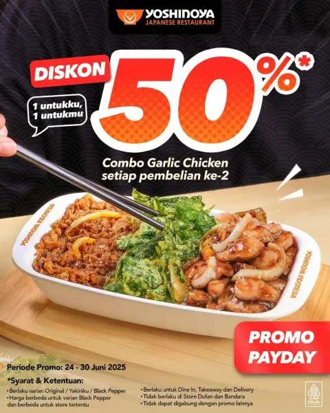 Promo Yoshinoya Payday Diskon 50% 24-30 Juni