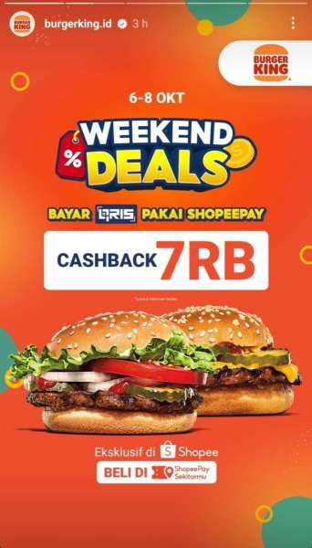 Promo Burger King 6-8 Oktober 2023, Cashback Rp 7.000 dengan ShopeePay