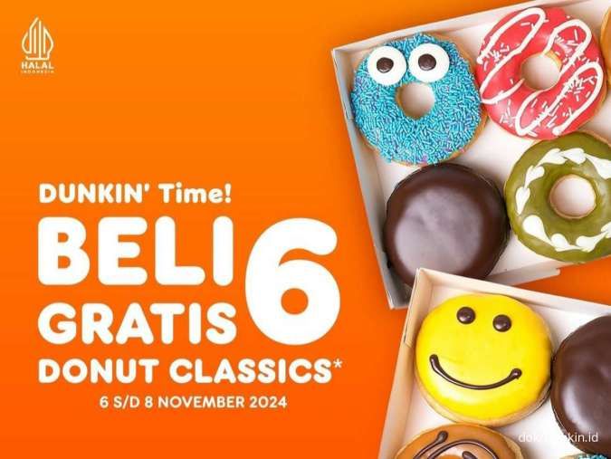 Promo Dunkin 6-8 November 2024, Beli 6 Gratis 6 Donut Classics Aneka Rasa