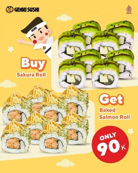 Promo Genki Sushi Sakura Roll + Baked Salmon Roll