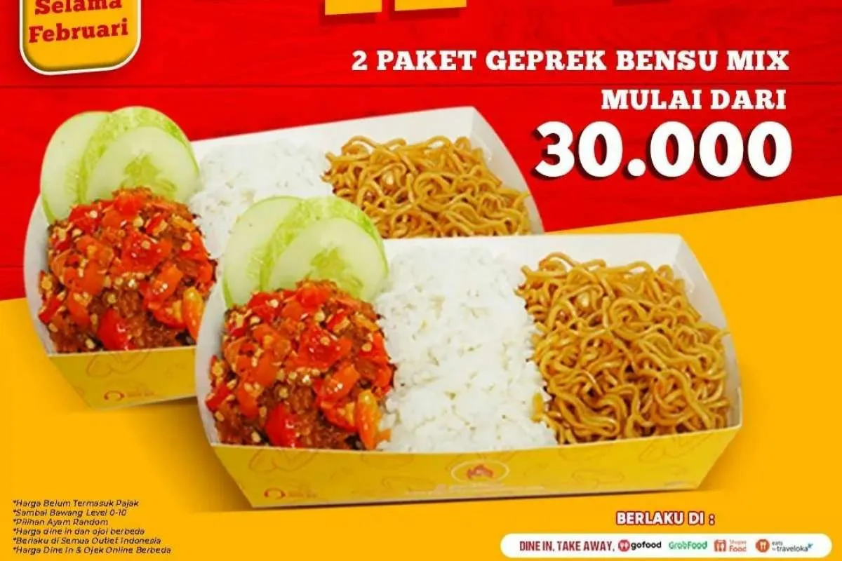 Promo Geprek Bensu 10 Februari 2022, Tiap Kamis Ada 2 Paket Geprek Bensu Rp 30.000