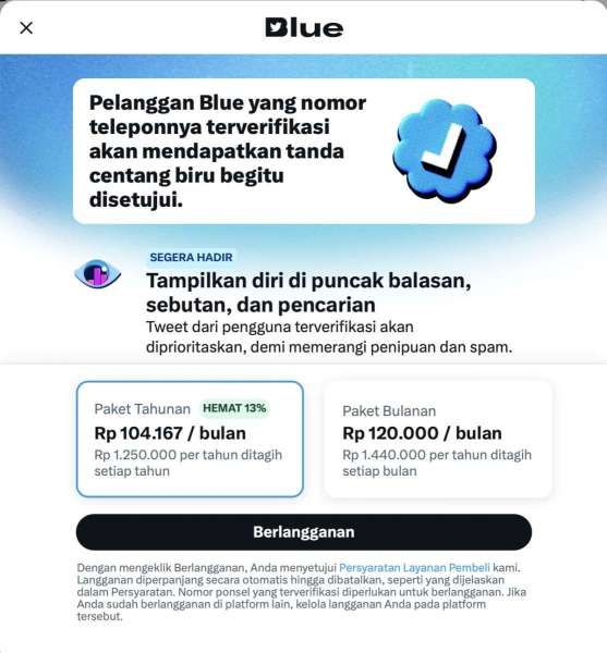 Biaya langganan Twitter Blue versi web di Indonesia